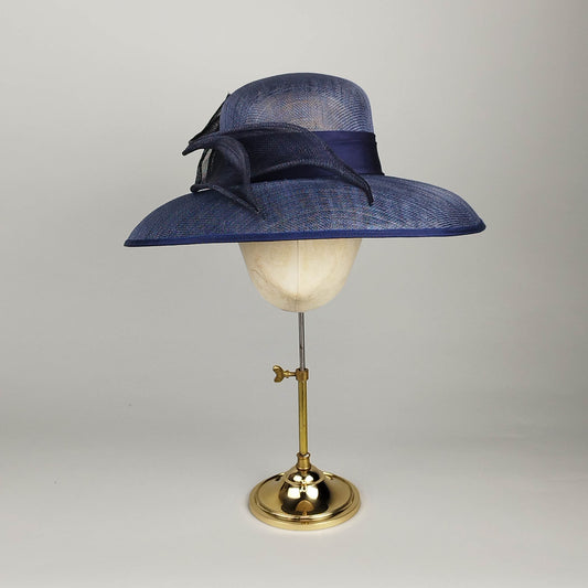 Navy vintage-style cloche hat with rolled sinamay detail