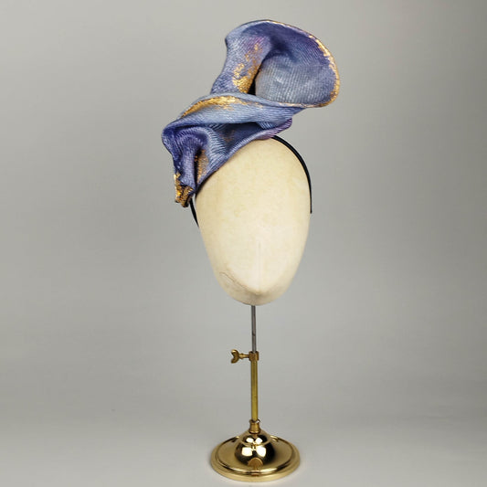 Blue parisisal straw fascinator with gold leaf and organic swirls