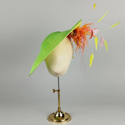 Lime green hatinator with neon feather spray in pink, yellow, and orange, perfect for bold events and Royal Ascot.