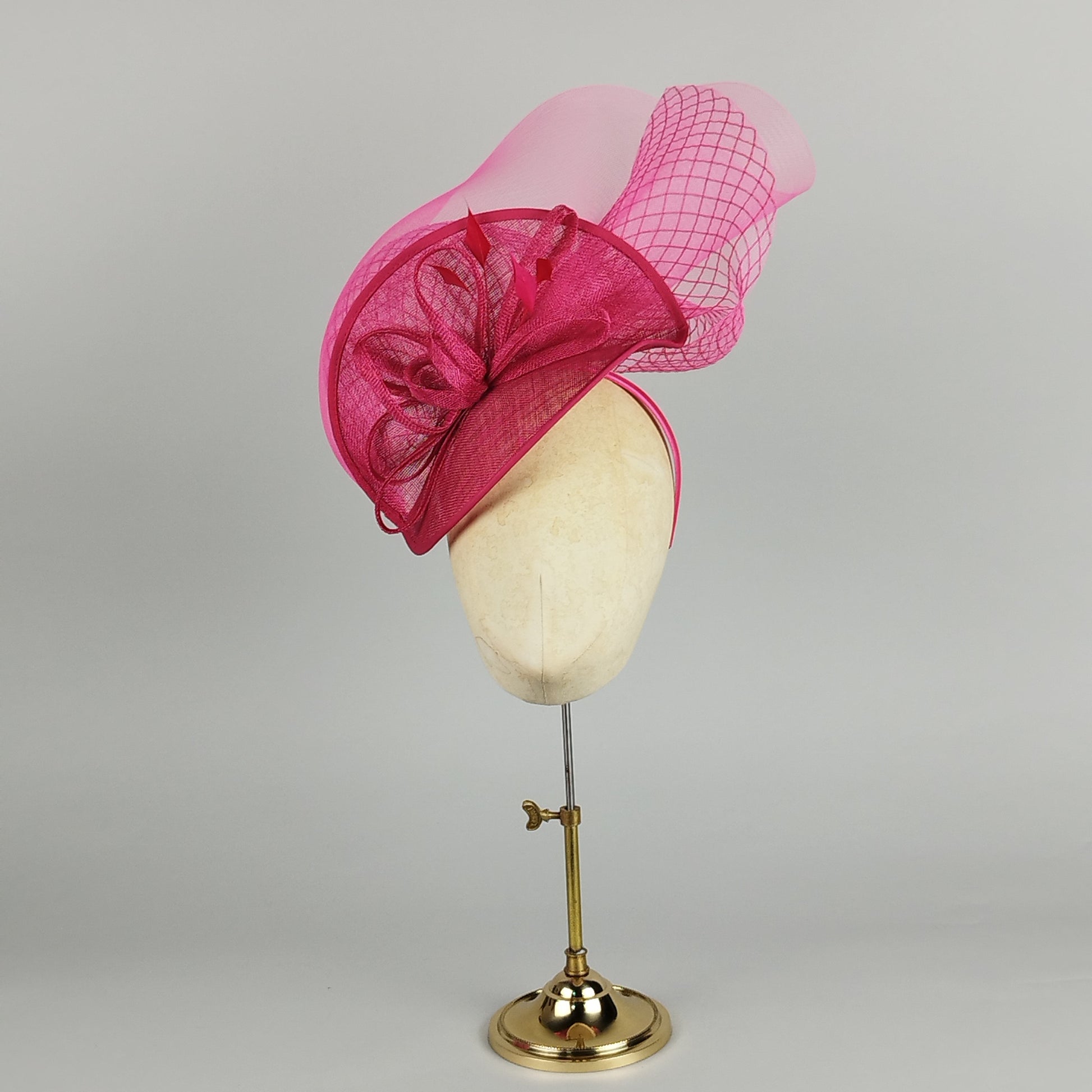 Hot pink sculptural hatinator with crinoline detail - modern occasion hat