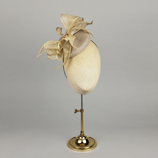 Taupe straw pillbox hat with bow